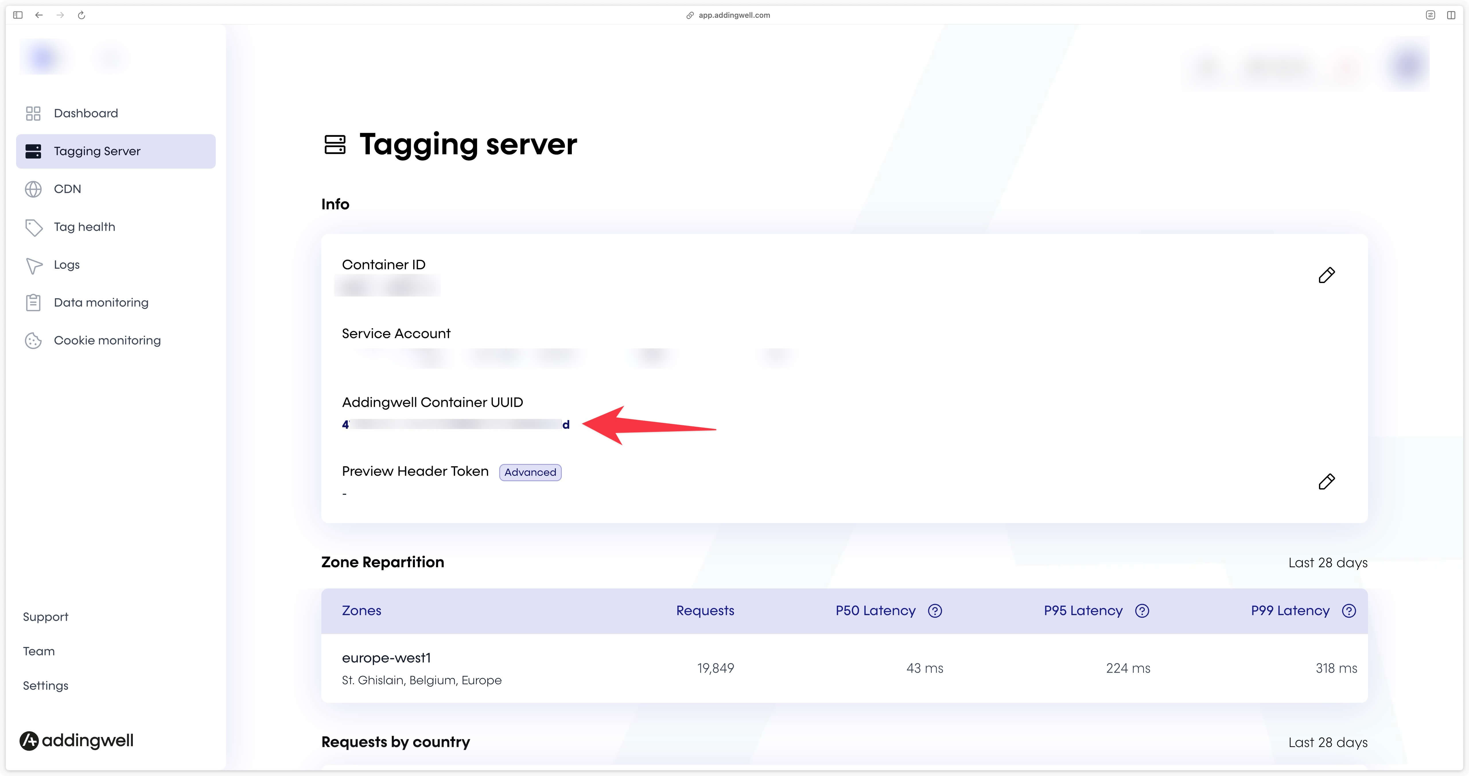 Addingwell Container UUID in Tagging Server section