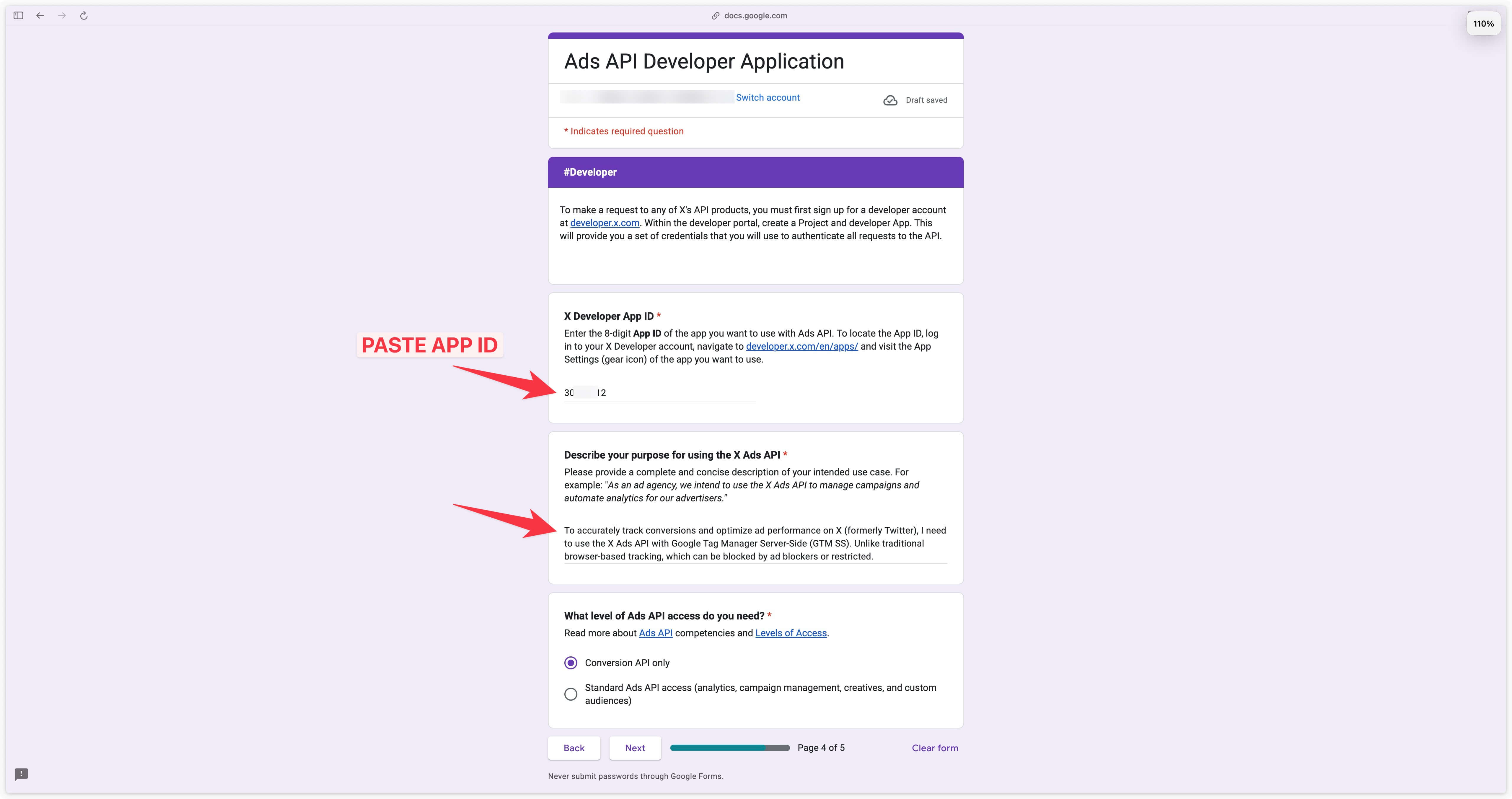 Form to access the X Ads API
