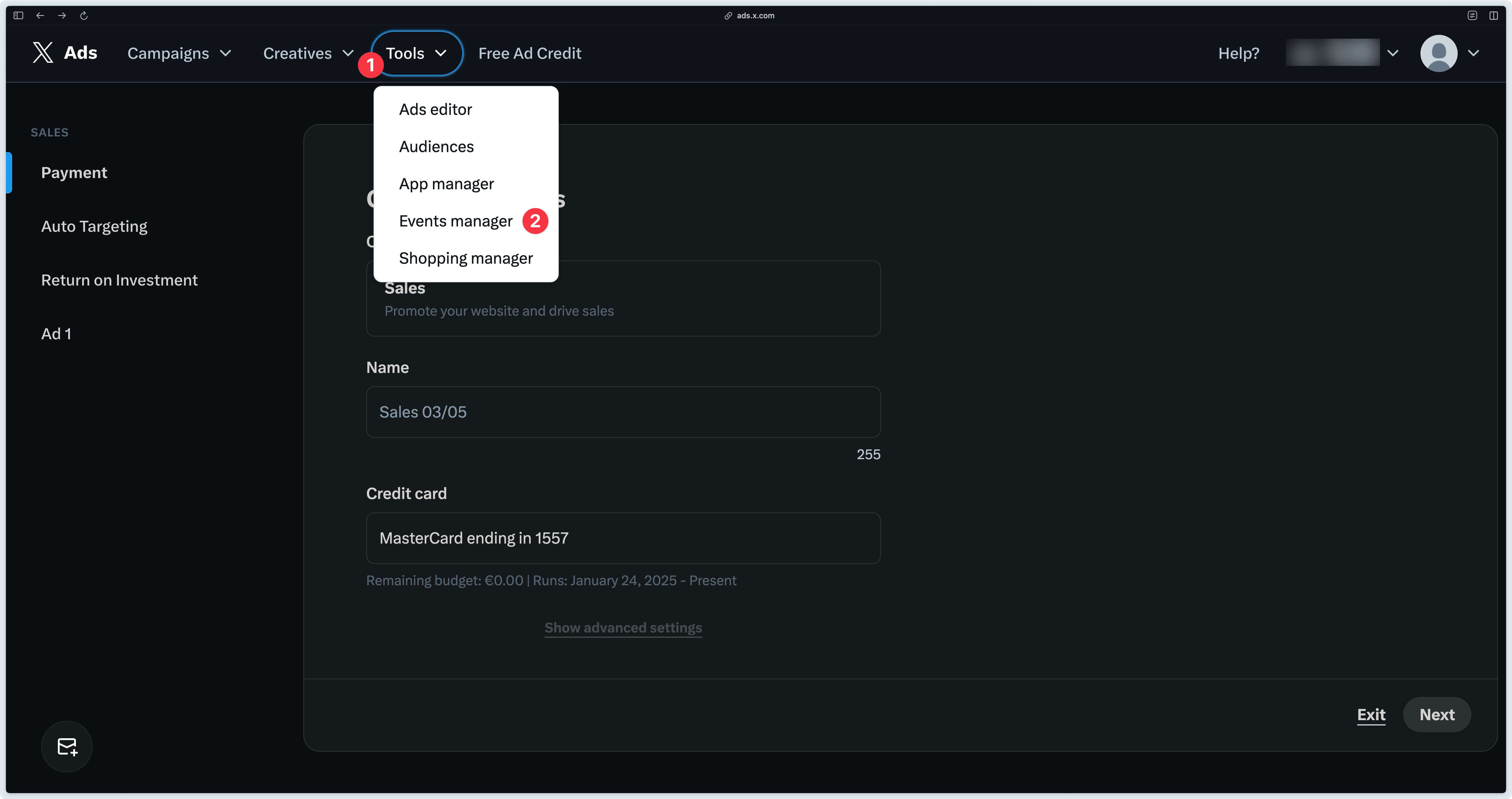 Events Manager menu in X Business Manager
