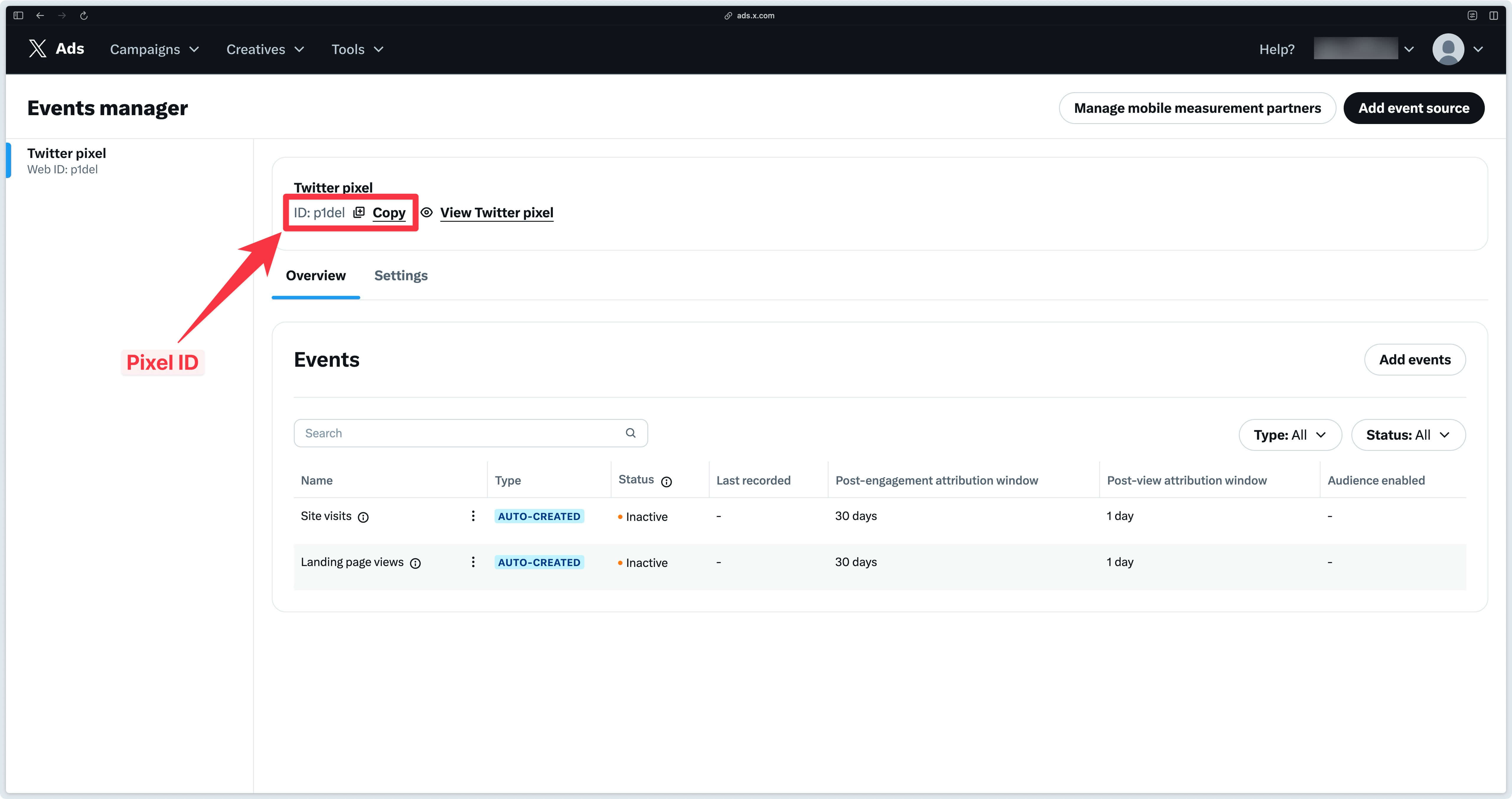 Events Manager interface in X Business Manager