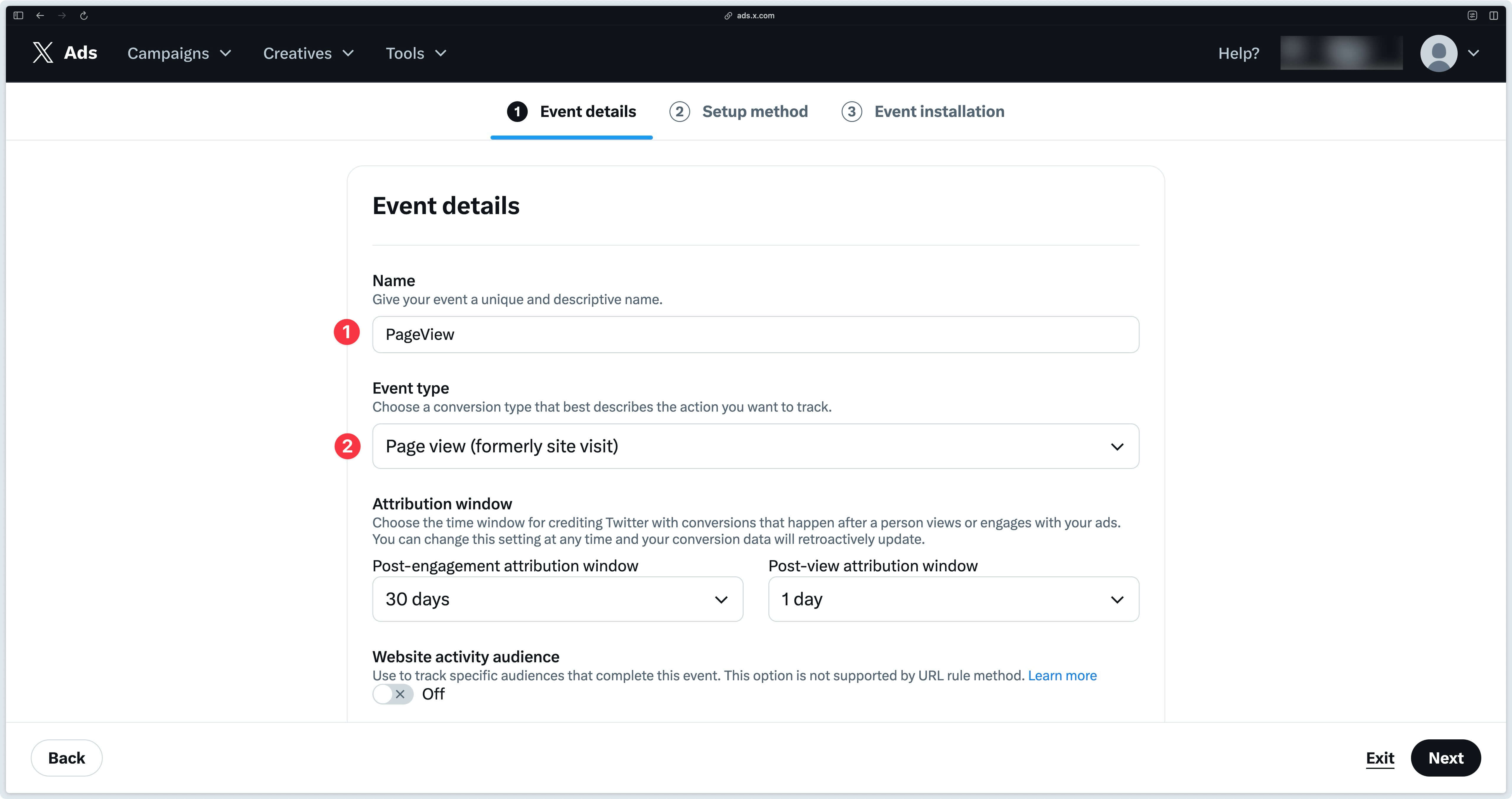 Event Type Page view in events manager X