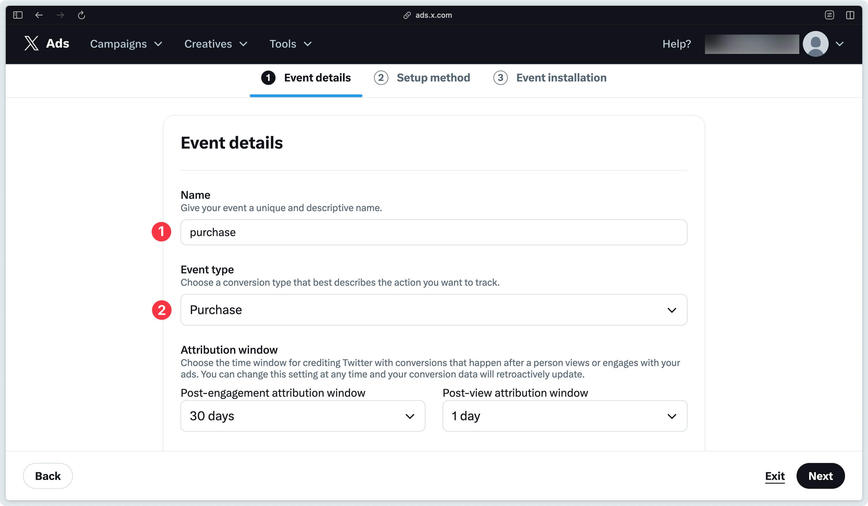 Event Type Purchase in X events manager