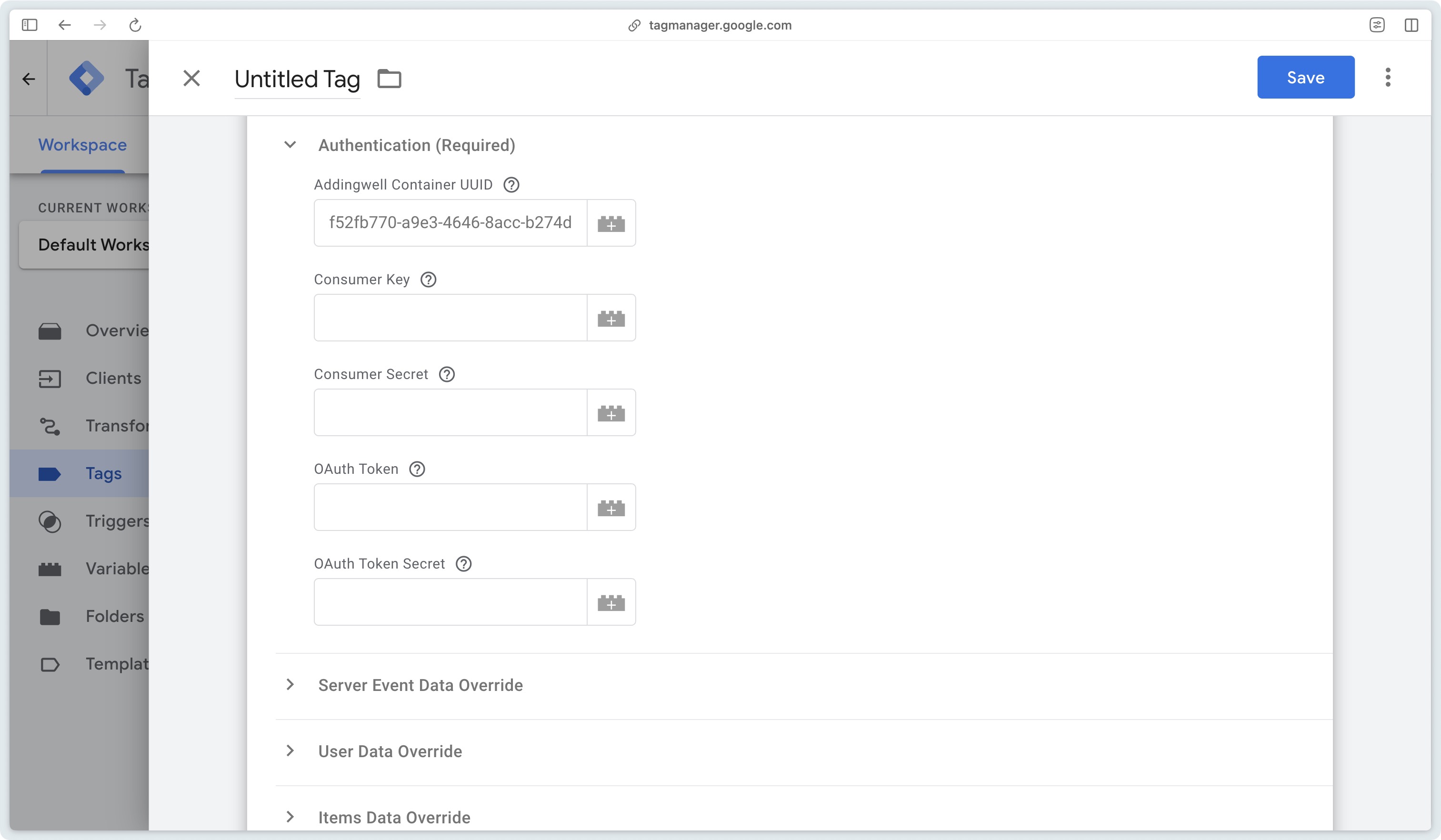 Authentication menu in Addingwell's X Ads API tag