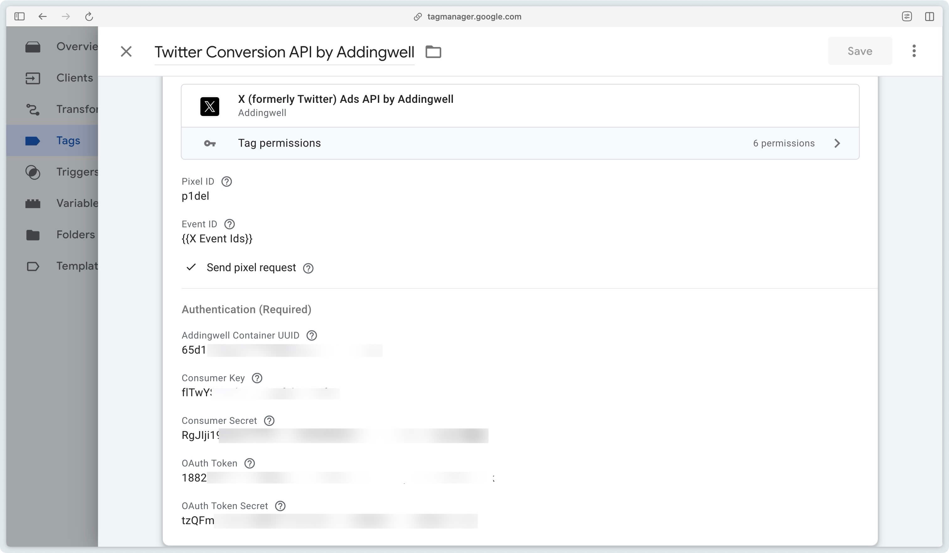 Addingwell X Ads API Tag configuration complete