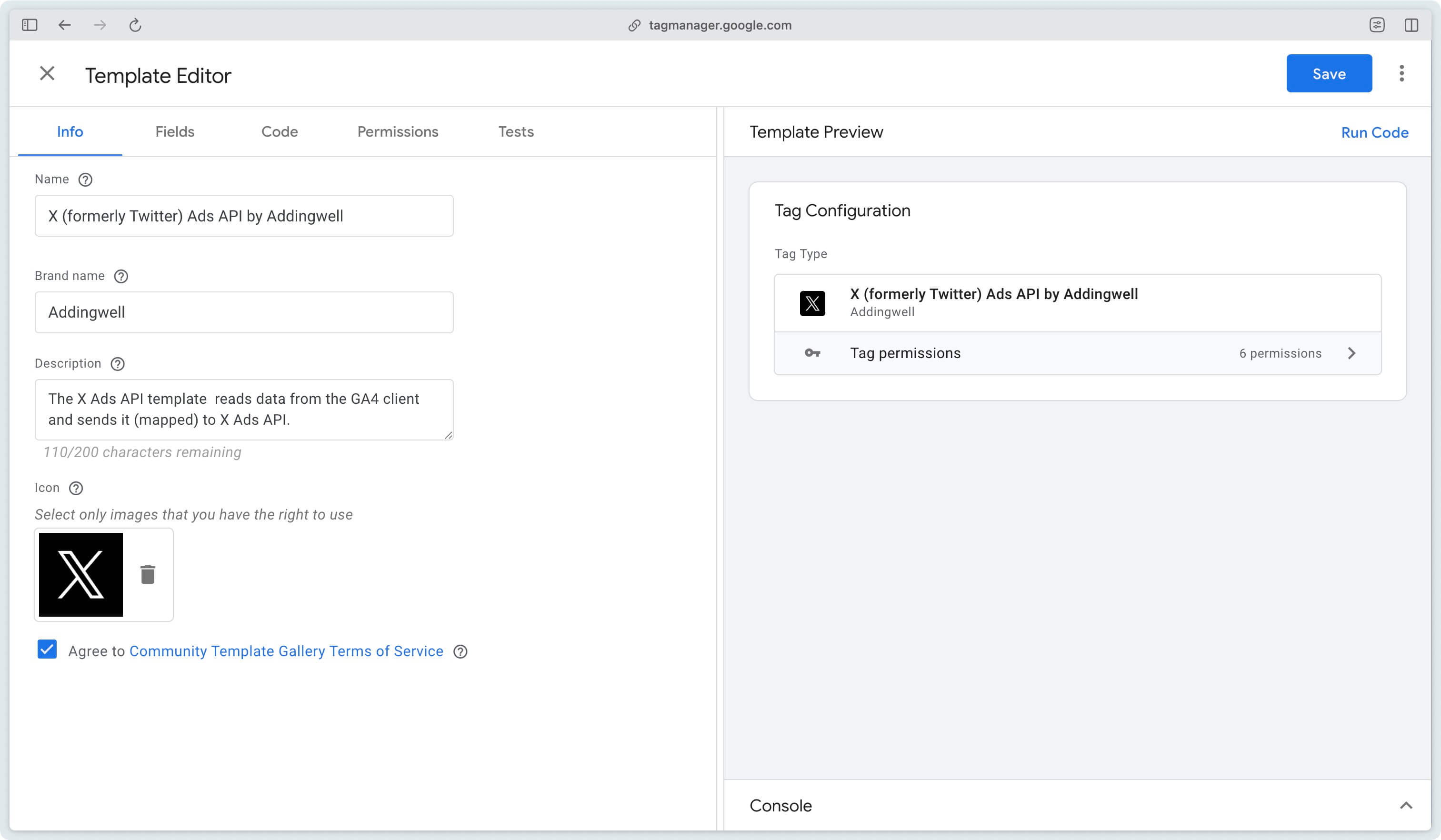 Addingwell's Tag X Ads API successfully imported into sGTM