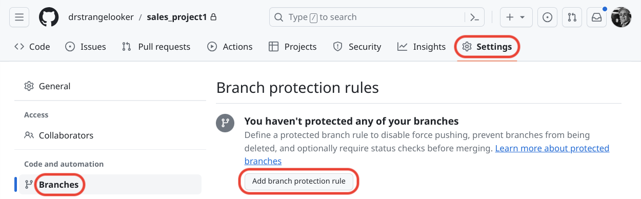 브랜치 보호를 추가하기 위한 GitHub UI