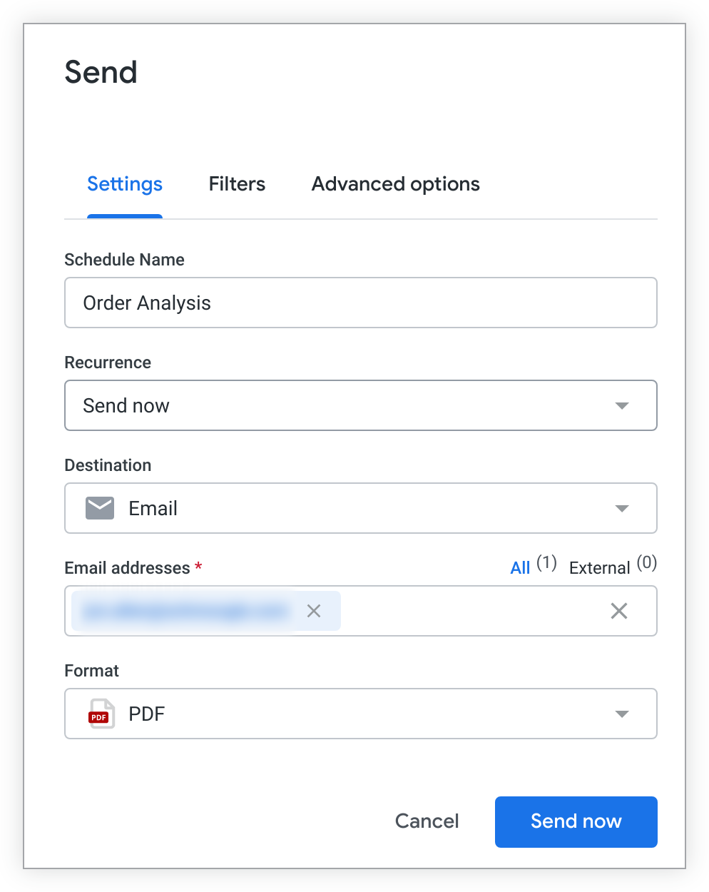 The Schedule Delivery window shows options to customize the name, recurrence, destination, and format of a dashboard delivery.