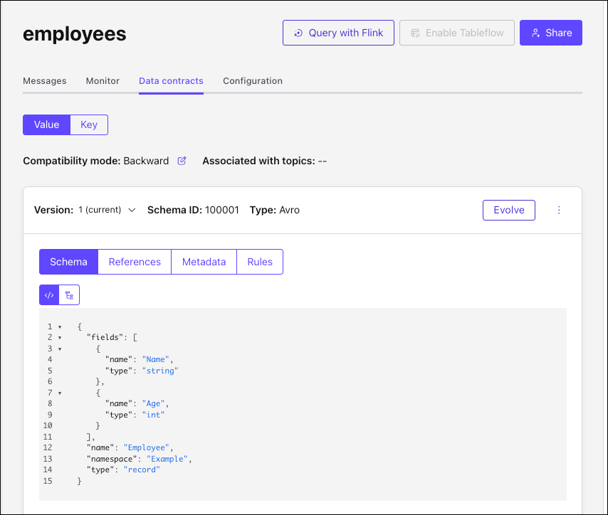 Screenshot of schema for employees topic in raw or code view.