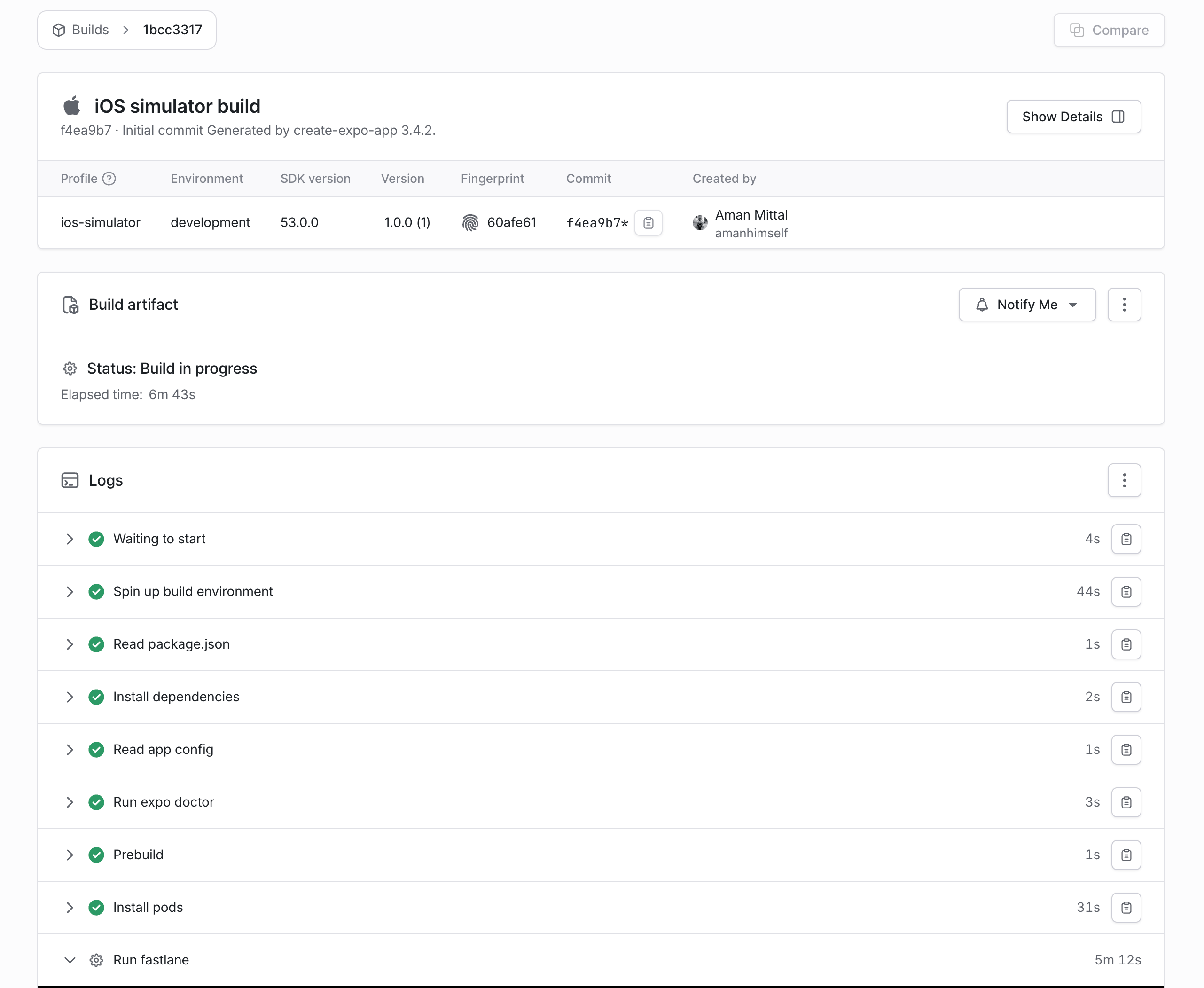 iOS Simulator build details page