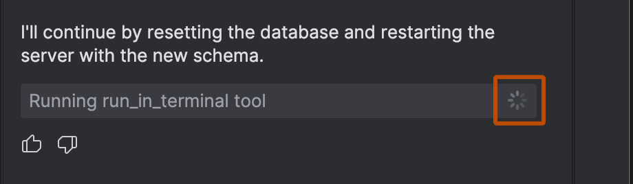 Screenshot of the Copilot Chat view. The spinner icon is highlighted with a red outline.