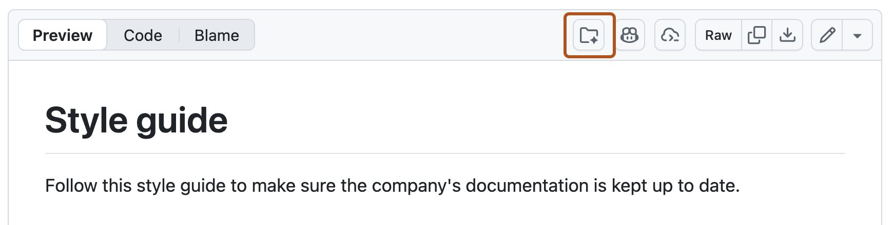Captura de pantalla de un archivo en la vista de código. El icono "Agregar al espacio" está resaltado en naranja.