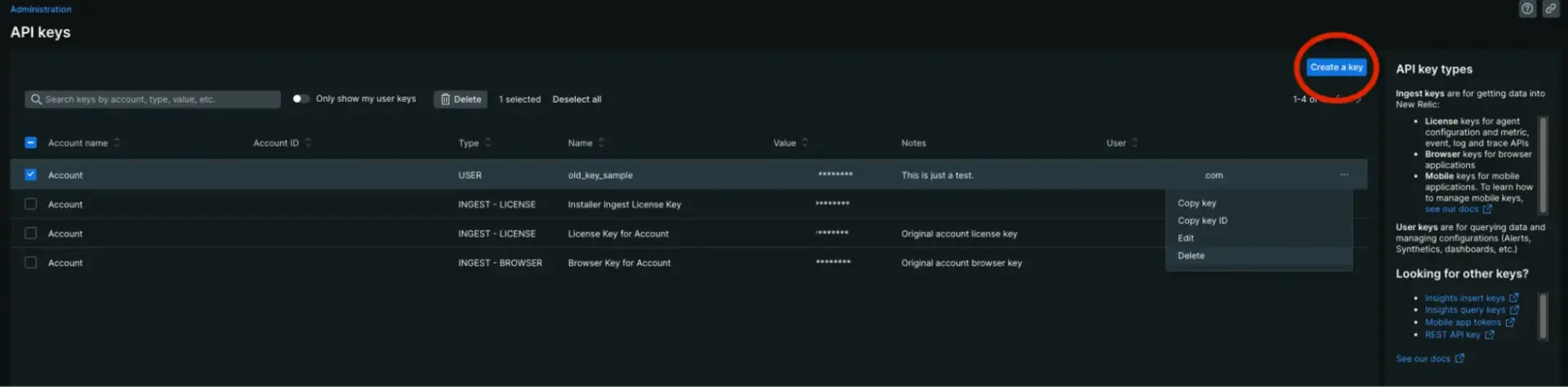 Screenshot of API keys list in New Relic Screenshot of API keys list in New Relic