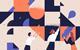 An abstract illustration showing three people working together, moving different shapes around a space to fit