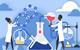 A tiny chemist hands a large model to another chemist