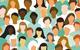 A cartoon of a large diverse group of people wearing green or white