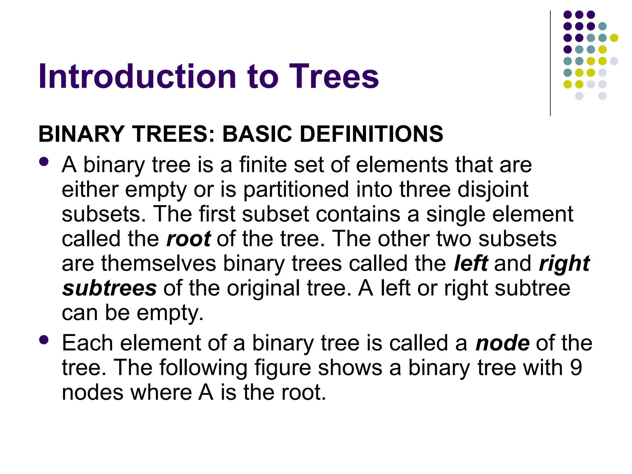 Introduction to Trees
BINARY TREES: BASIC DEFINITIONS
 A binary tree is a finite set of elements that are
either empty or is partitioned into three disjoint
subsets. The first subset contains a single element
called the root of the tree. The other two subsets
are themselves binary trees called the left and right
subtrees of the original tree. A left or right subtree
can be empty.
 Each element of a binary tree is called a node of the
tree. The following figure shows a binary tree with 9
nodes where A is the root.
 