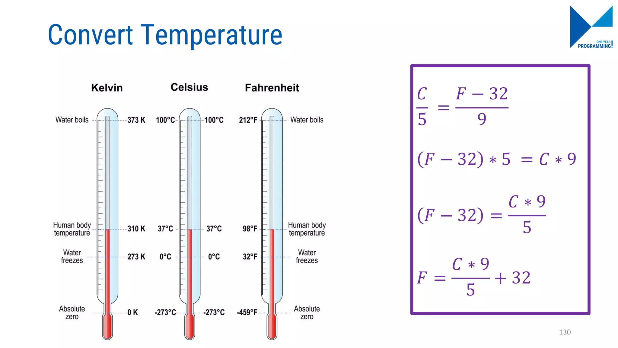 Convert Temperature
𝐶
5
=
𝐹 − 32
9
𝐹 − 32 ∗ 5 = 𝐶 ∗ 9
𝐹 − 32 =
𝐶 ∗ 9
5
𝐹 =
𝐶 ∗ 9
5
+ 32
130
 