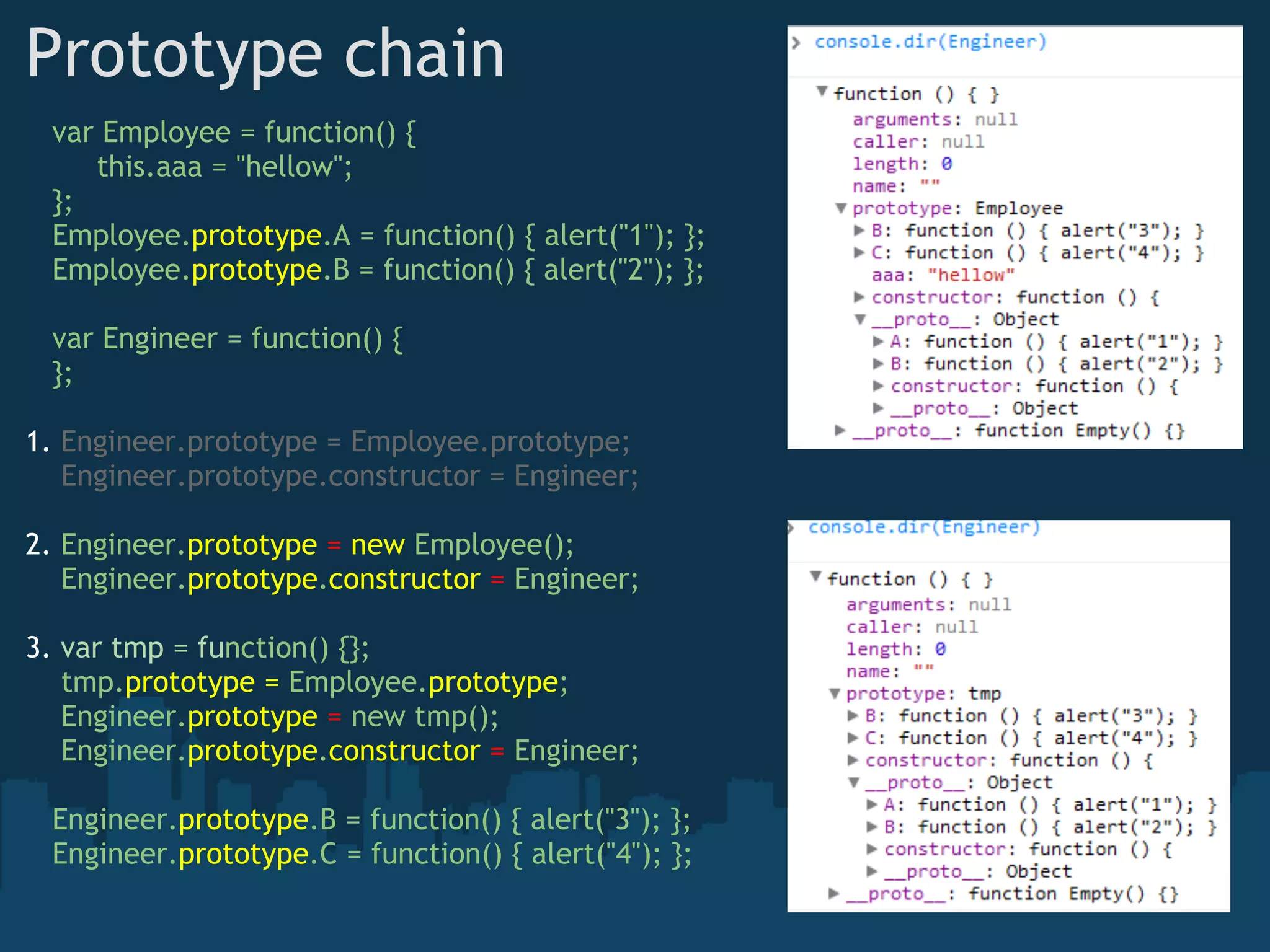Prototype chain
   var Employee = function() {
        this.aaa = "hellow"; 
   };
   Employee.prototype.A = function() { alert("1"); }; 
   Employee.prototype.B = function() { alert("2"); };  

   var Engineer = function() {         
   };

1. Engineer.prototype = Employee.prototype;
    Engineer.prototype.constructor = Engineer;

2. Engineer.prototype = new Employee();
    Engineer.prototype.constructor = Engineer;

3. var tmp = function() {};
    tmp.prototype = Employee.prototype;
    Engineer.prototype = new tmp();
    Engineer.prototype.constructor = Engineer;

   Engineer.prototype.B = function() { alert("3"); };   
   Engineer.prototype.C = function() { alert("4"); }; 
 