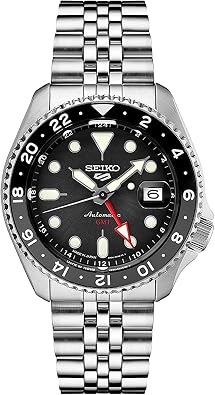 ساعة SEIKO SSK001 أوتوماتيكية للرجال - 5 - رياضة - قرص أسود مع تقويم التاريخ وأيدي وعلامات مضيئة وإطار GMT باللونين الأسود والرمادي، مقاوم للماء بطول 100 متر