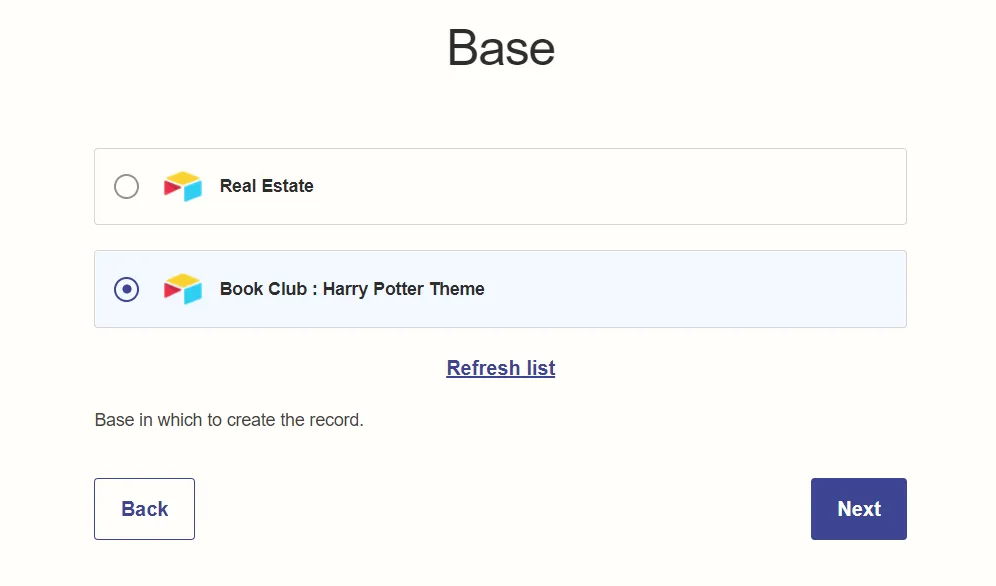 Escolha a base do Airtable para criar o registro