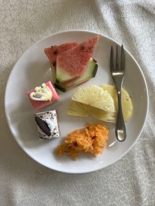 Tasty dishes such as pineapple cake and watermelon.
