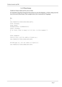 Technical manual cap3300 
 
 
 
 
Page 7 
 
1.4.3 Float format 
Coded on 4 bytes which can be cast in a float.  
If commands