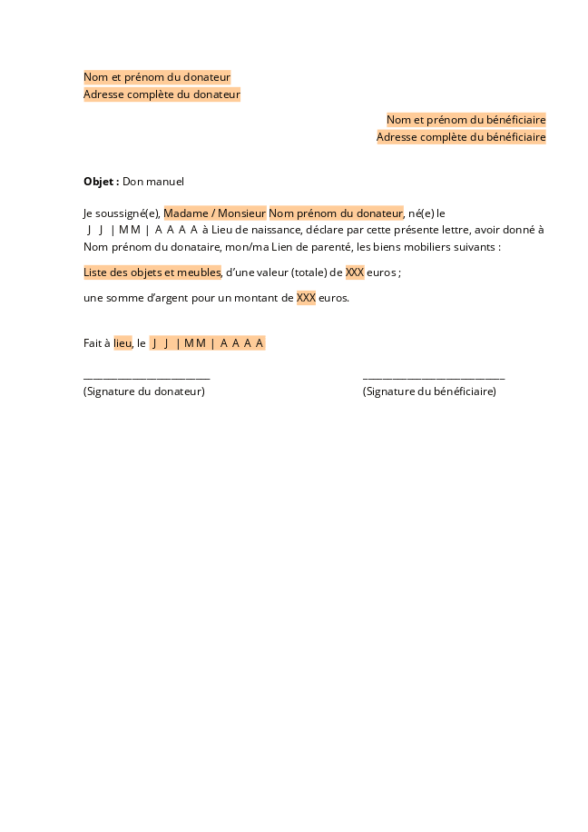 Formulaire acte de donation