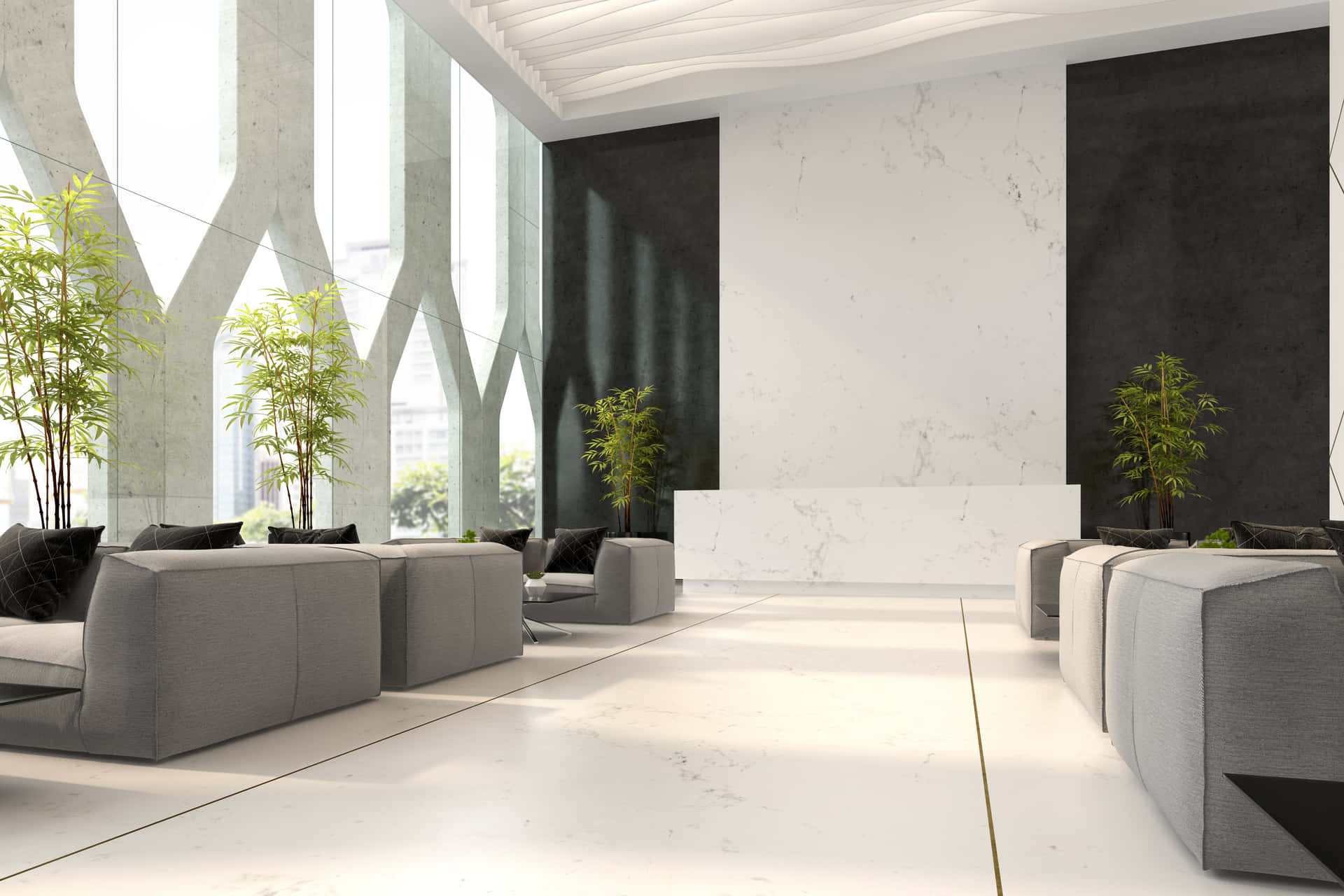 A Modern Lobby With White Couches And A Large Window