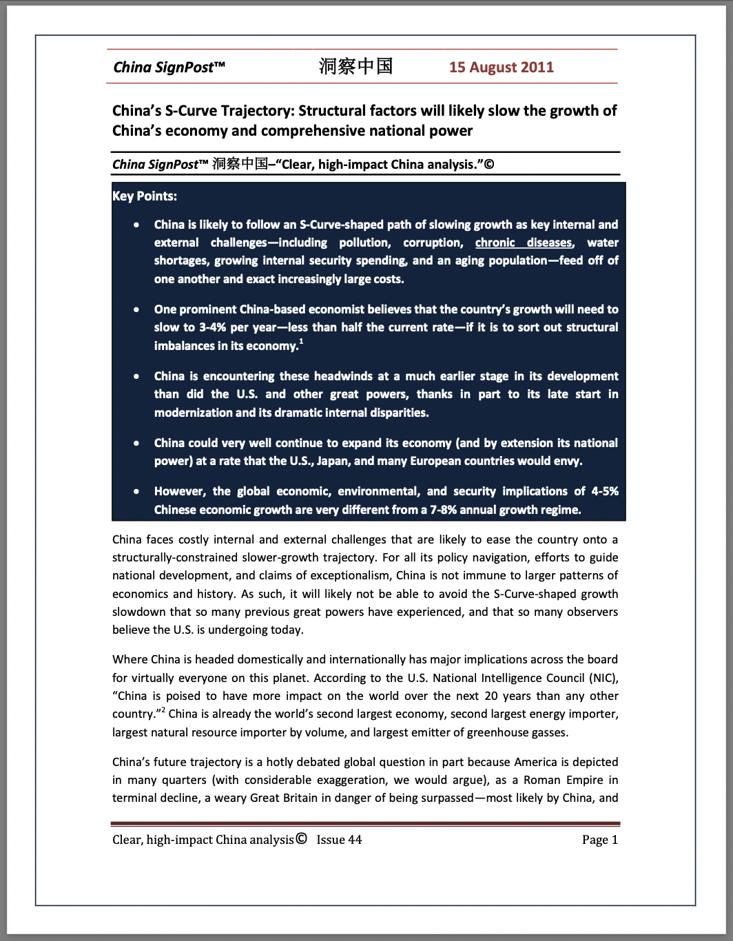 China’s S-Curve Trajectory: Structural Factors Will Likely Slow the Growth of China’s Economy and Comprehensive National Power