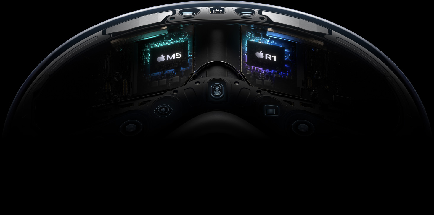 Apple Vision Pro 的內部技術解構圖,突顯 M5 和 R1 晶片。