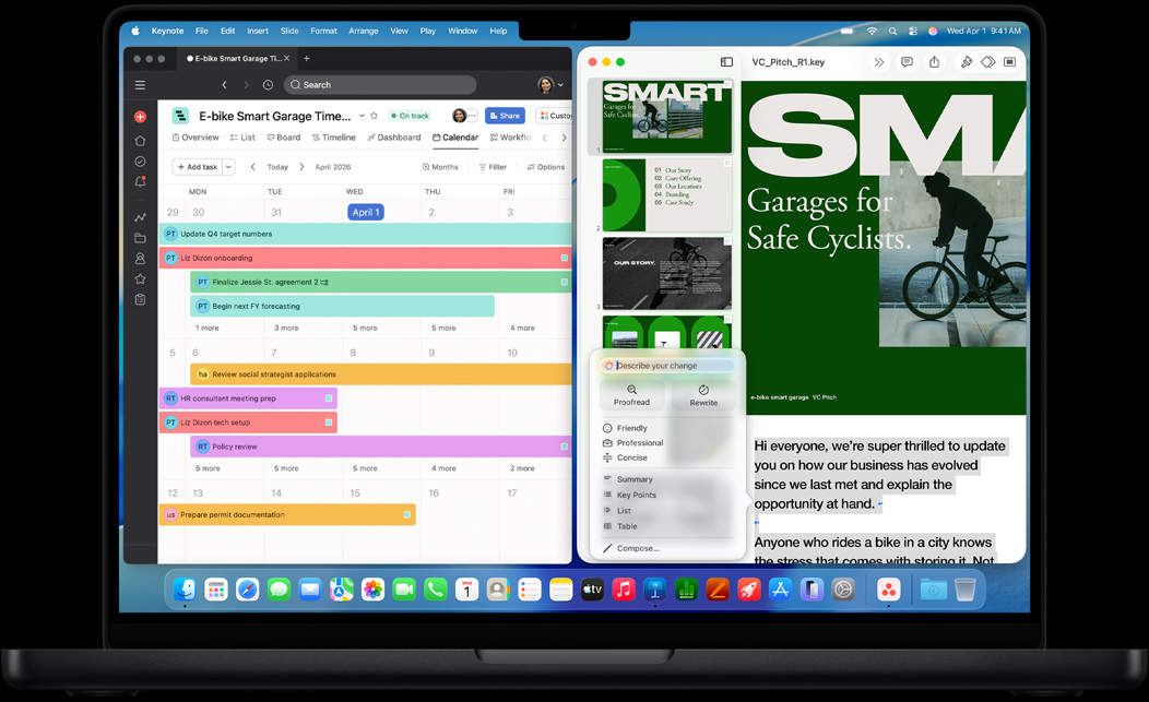 Pantalla de una MacBook Pro que muestra las apps Asana y Keynote
