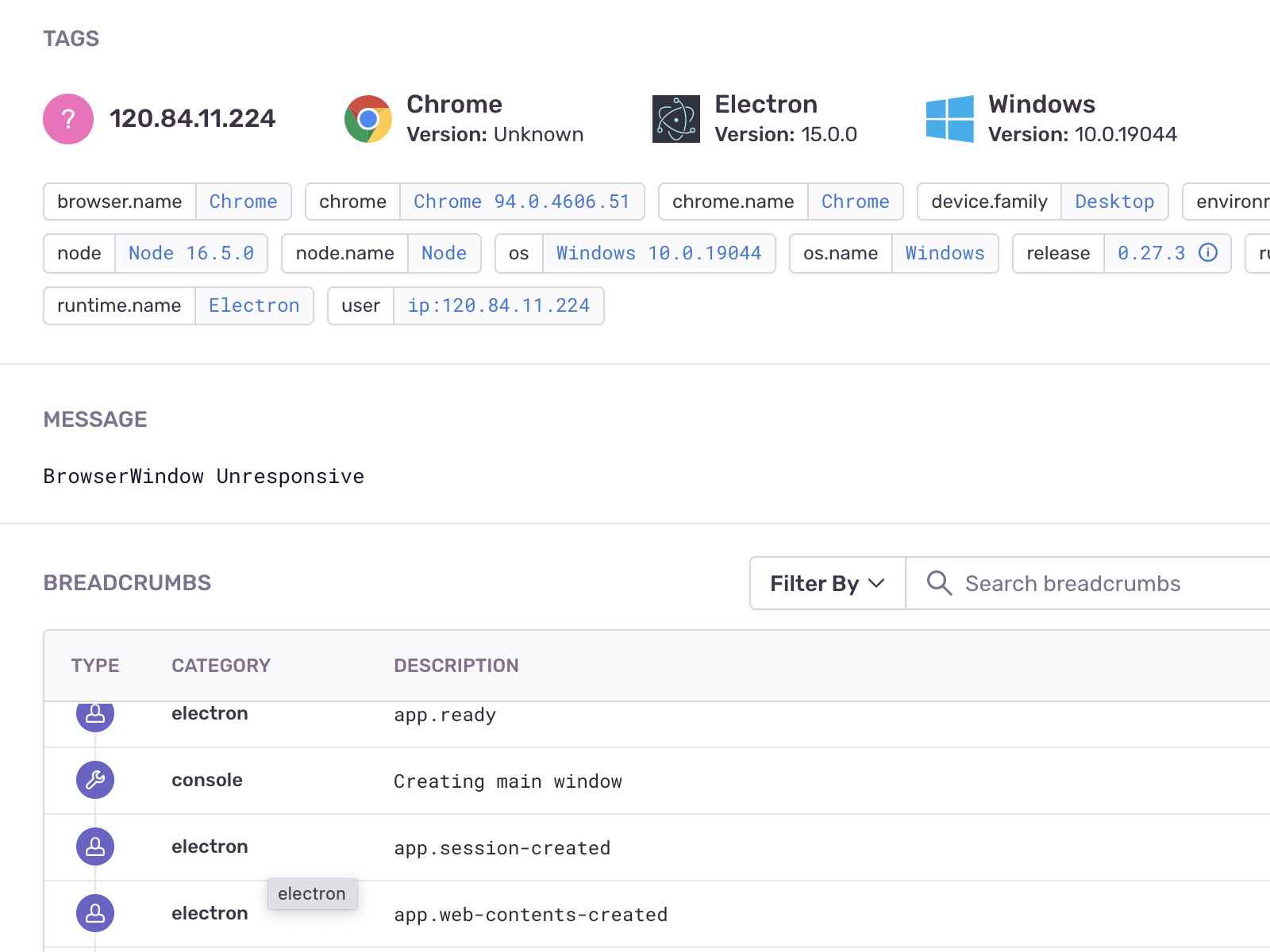 Screenshot of Sentry crash reporting (https://sentry.io). Shows the error message ('BrowserWindow Unresponsive'), user breadcrumbs, and user information.
