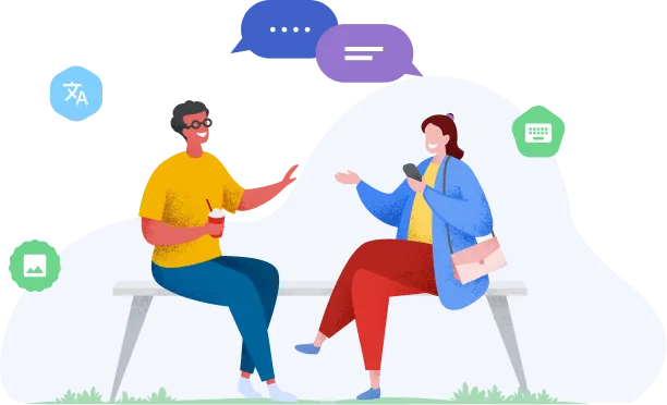 Ilustração de duas pessoas conversando em um banco de praça rodeadas por ícones dentro de formas variadas