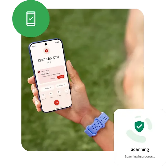 A person is outside holding a phone. The phone screen shows an example of Android notification of a possible cam call. Two Android “protection” icons are place on two corners of the image. 