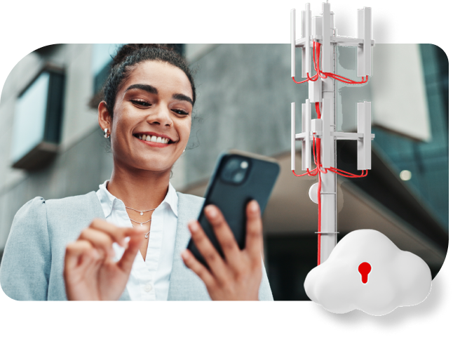 A woman smiles at her phone, connected to a cell tower and a secure cloud with a red keyhole