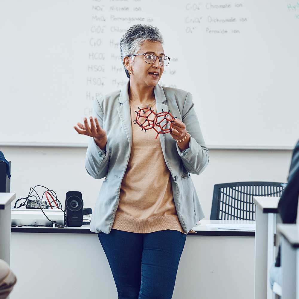 A chemistry teacher speaking with her class