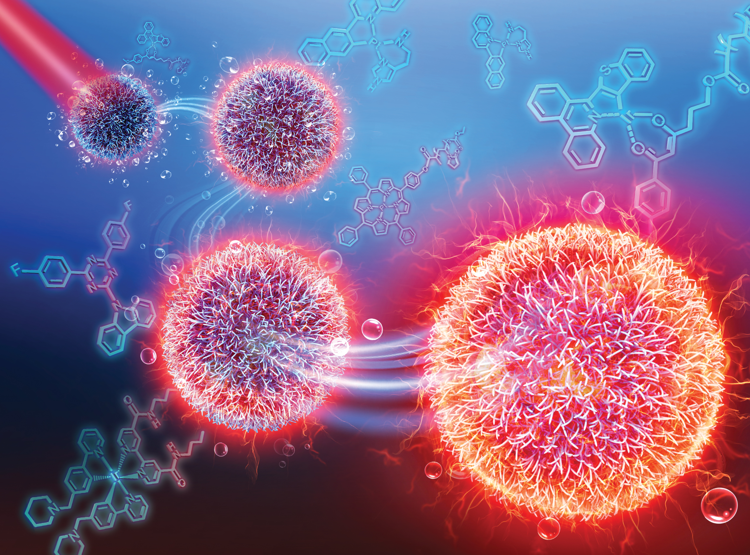 a vibrant scientific illustration depicting biomedical materials research in the center.