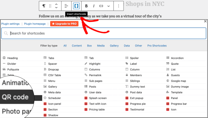 Haz clic en el botón Insertar Shortcode