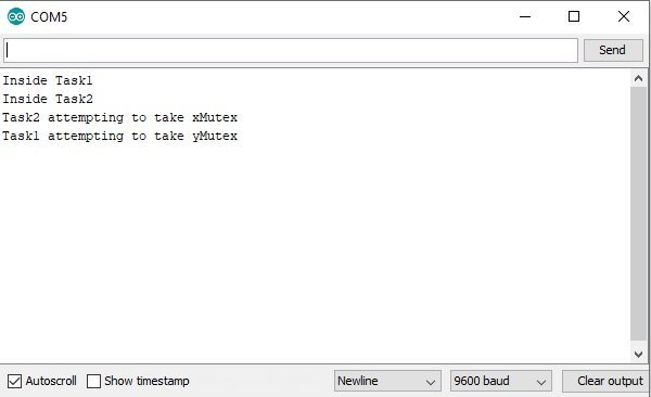 FreeRTOS deadlock Example with Arduino Recursive mutex