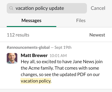 Example of search in a Slack workspace