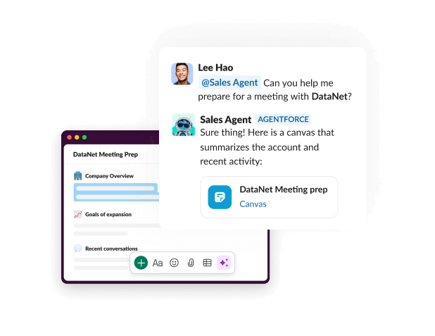 A chat with an agent shows a prompt and an offered canvas.