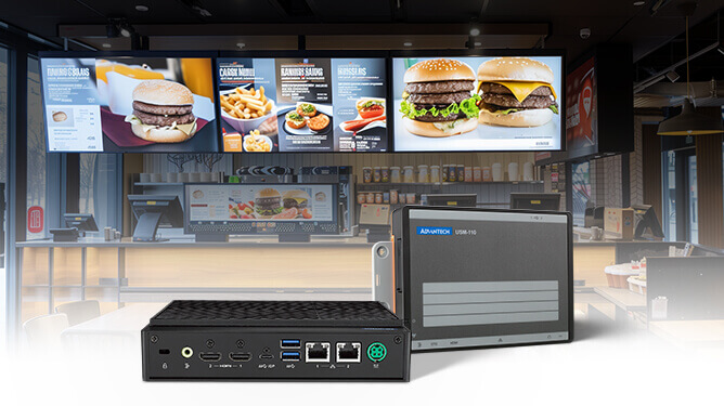 Advantech UBX-100 and USM-100 serve as a digital signage player in stores or restaurants