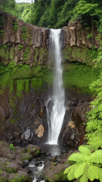 Ein majestätischer hawaiianischer Wasserfall in einem üppigen Regenwald.