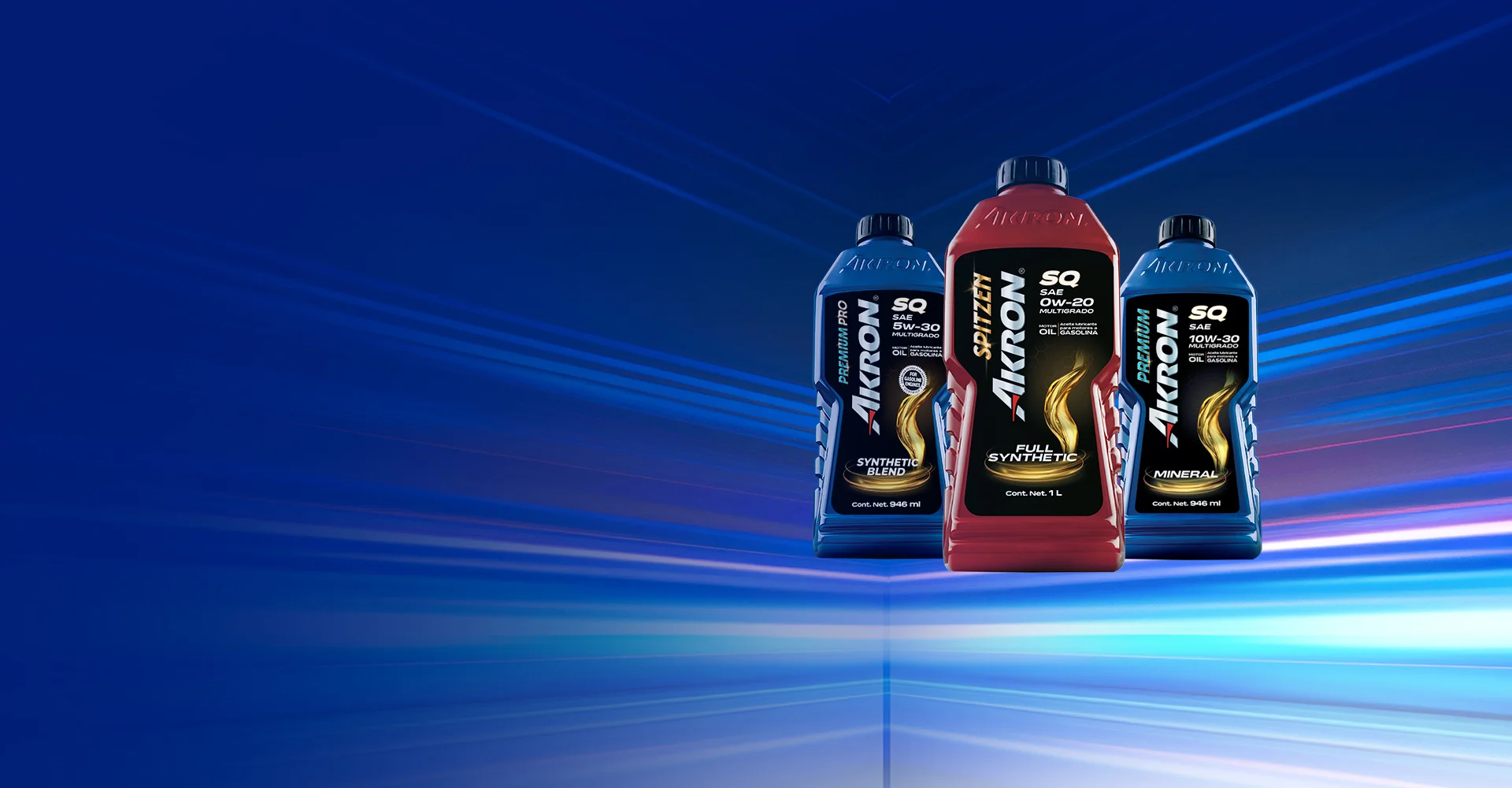 aceites akron linea sq presentacion banner. Botellas de aceites Akron línea SQ sobre fondo azul con efectos de luz