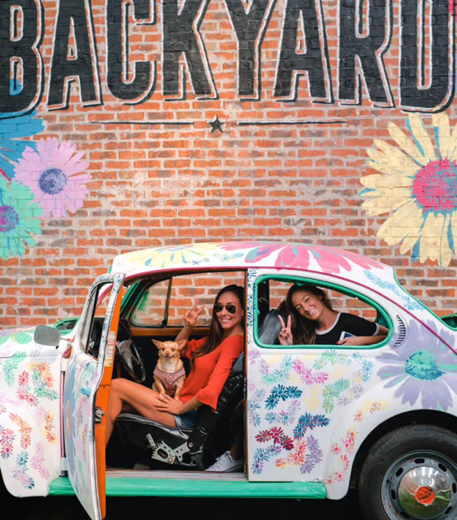 A colorful, flower-painted vintage car is parked in front of a brick wall with the word "BACKYARD" painted on it. Two people and a dog are inside the car, with one person making a peace sign.