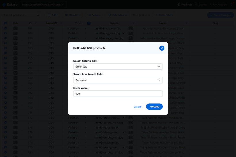 Setary managing stock at variation level with a bulk edit action