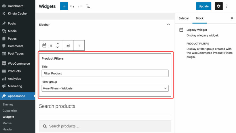 Adding a Product Filters widget to the sidebar in the block editor