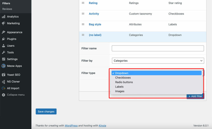 WooCommerce category filter type selector showing dropdown, checkboxes, radio buttons, labels, and images