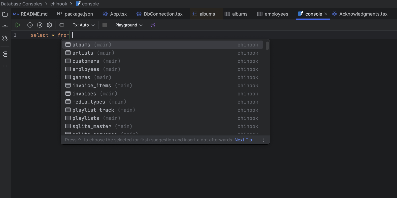 Database Console in WebStorm showing autocomplete for table names