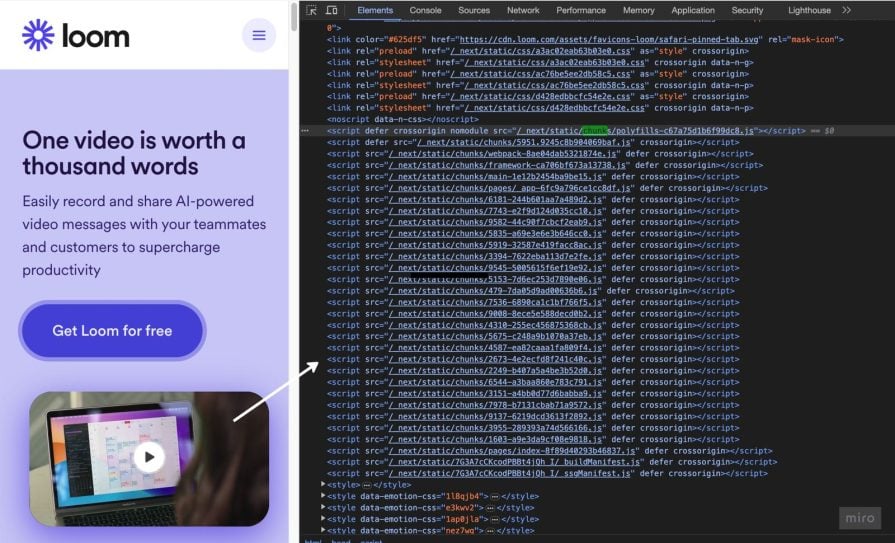 Screenshot Of Loom Website With Browser Developer Tools Open To Show Next Js Splitting Javascript Into Smaller Chunks